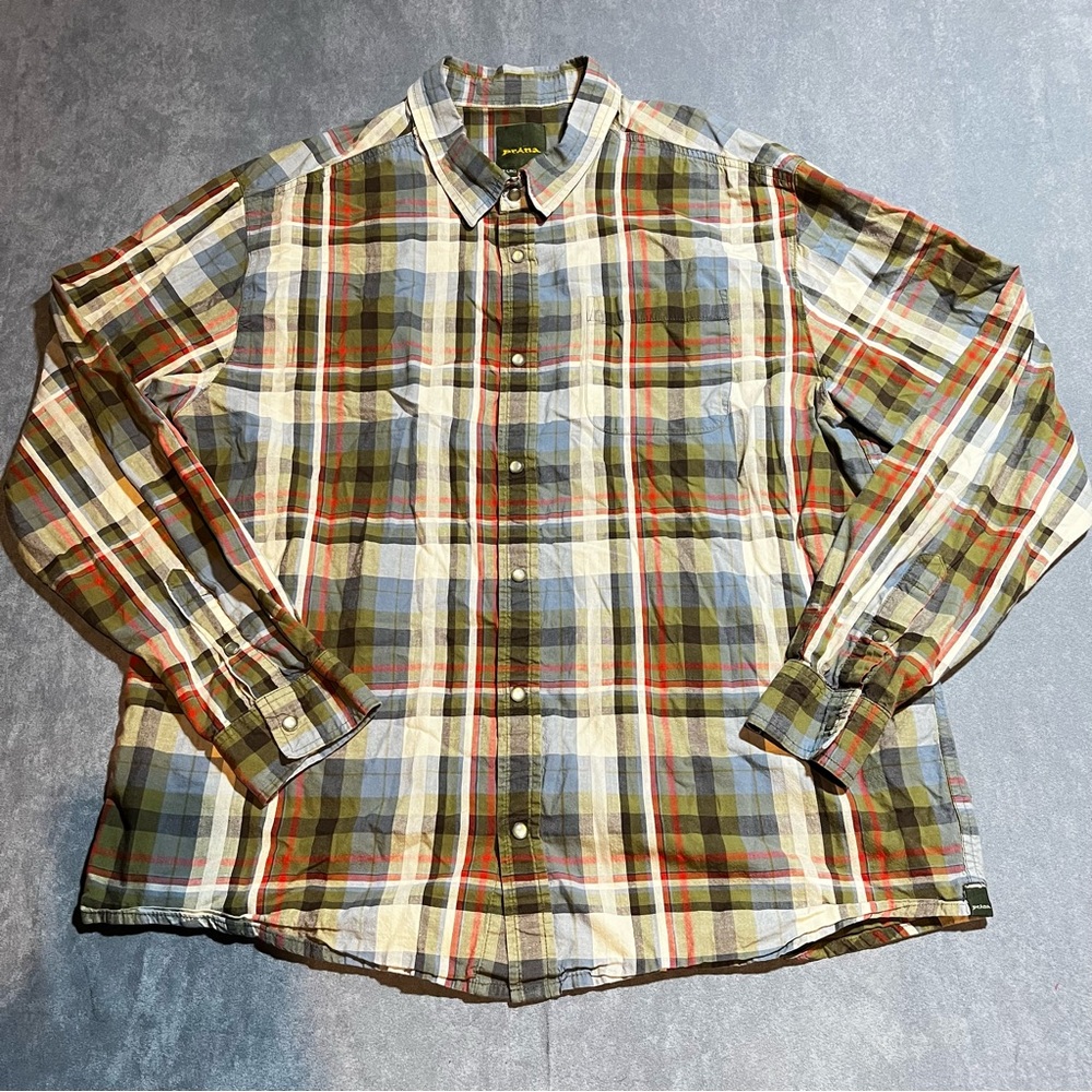 PRANA Mens XL Long Sleeve Button-Down Shirt 100% Organic Cotton Plaid Blue Green